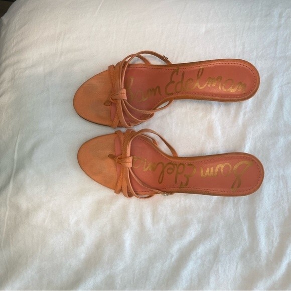 Sam Edelman Jedda Gold Logo Designer Melon Leather Suede Strappy Heels SZ 6 - Picture 4 of 13